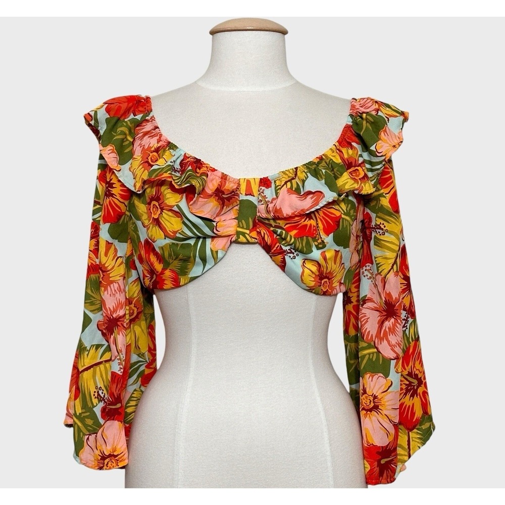 Tropicalcore Luau Beachy Coquette Womens Large Bright Floral Ruffle Crop Resort